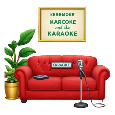 front view of a red velvet couch with a mic in front, houseplants in the background, and a sign in the background that says "karaoke" sticker