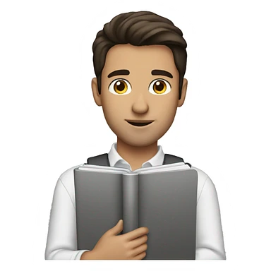 brunette man with notebook sticker
