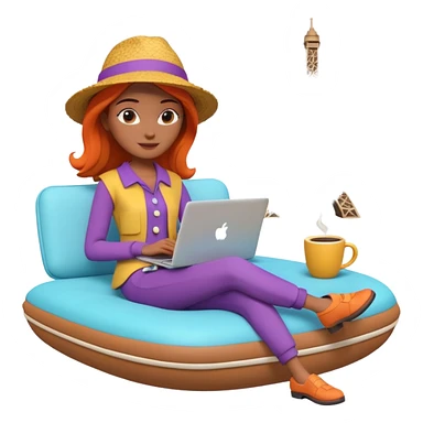 3D clay woman character relaxed with laptop and coffee in Paris, floating icons (dollars), colofrful modern outfit, white laptop, Pixar style, transparent background sticker