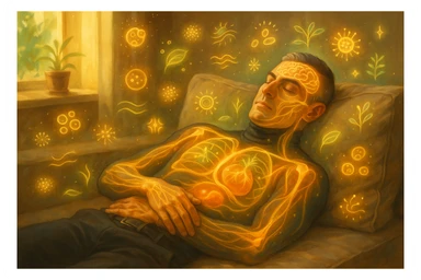 Uomo sdraiato su un divano nel primo pomeriggio, mentre fa un breve riposino. Il suo corpo appare parzialmente trasparente o stilizzato, con luce calda e flussi energetici dorati e verdi che scorrono attraverso muscoli, cervello, e organi. Intorno a lui si vedono piccoli simboli di rigenerazione: cellule che si rinnovano, tessuti che si illuminano, aura rilassata. L'ambiente è calmo e ordinato, luce naturale che entra da una finestra, atmosfera rigenerante, stile realistico con accenti metaforici. sticker