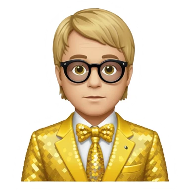 Elton John with dark blonde hair, yellow sequin suit sticker
