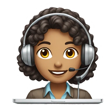 lightly brown indian call center girl with dark brown medium curly hair smiling and wearing a headset while working on a laptop from a quarter angle  sticker