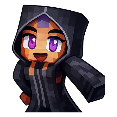 Extract and isolate the character in the black hooded outfit from the image, preserving the original Minecraft pixelated style and colors, with a transparent background. sticker