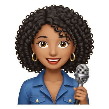 brown skin woman, curly black hair, singer, hold micro sticker