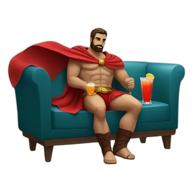 The Spartan Leonidas and his red cape with a relaxing cocktail on a sofa. sticker