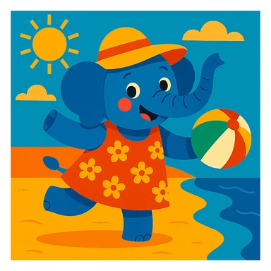 a playful elephant with a beach ball, wearing a floral dress and sun hat sticker