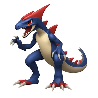 Dark blue, beige, red, Modern, Futuristic, Cool, Edgy, Badass Punk-style Garchomp-Charmeleon-Croconaw Fakémon-Digimon  full body sticker