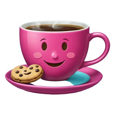 cup of coffee, steaming, the smoke should come out in the shape of a heart, the color of the cup is fuchsia, the cup has a happy face printed on it, the cup rests on a turquoise blue plate, and there are cookies and sugar cubes around the cup. sticker