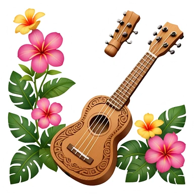 Ukulele with Polynesian carvings with flowers behind it sticker