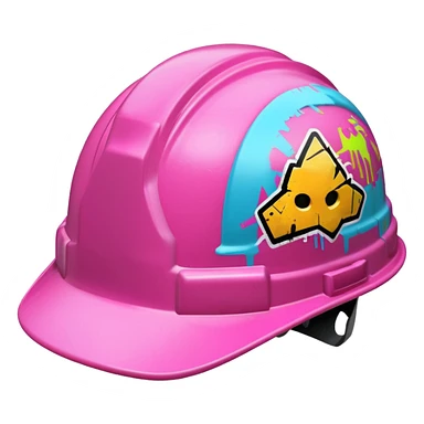 pink hard hat with graffity sticker