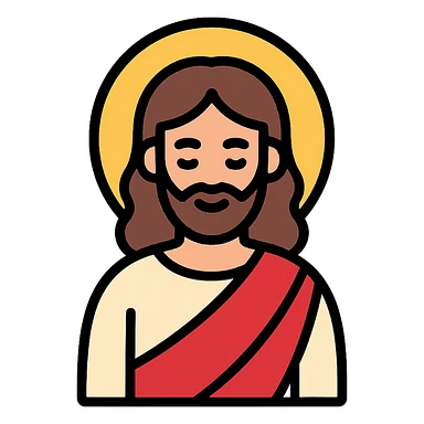 Jesus as a color icon, stylized with soft features, iconic robe, and a glowing halo sticker