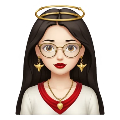 Angel girl with eyeglasses and long dark hair with red lipstick  and push gold necklaces and dark eyes sticker
