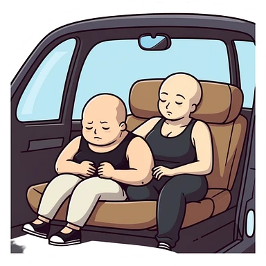  One Caucasia woman with brown hair and big boobs,  a black tank top and pants with her head on a bald man's lap in car sticker