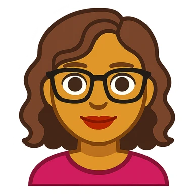 emoji de mujer linda de tez morena clara, rostro redondo u ovalado, ojos marrones, cabello ondulado marrón, labios medianos y gafas, estilo cartoon colorido sticker