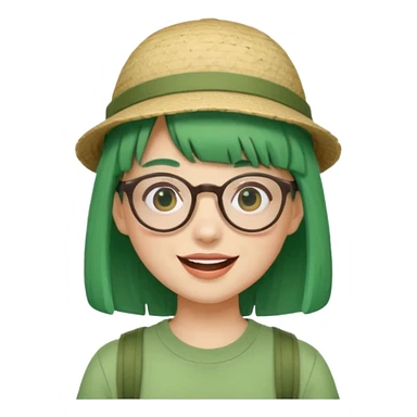 bangs, cute tourist hat, green hair very happy and glassess sticker