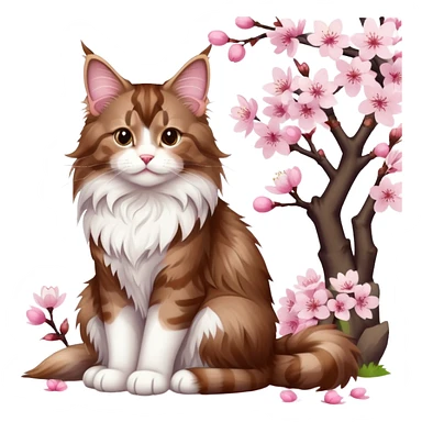 A cute  little  brown and white Maine coon and cherry blossom sticker