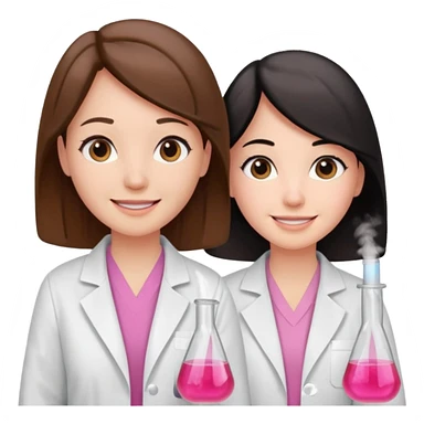 cientificas con blusa rosa y bata blanca felices, una chica con pelo marrón y otra chica con pelo negro sticker