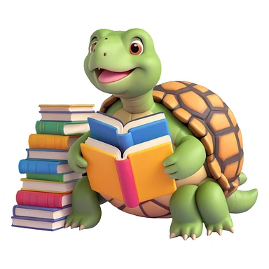 a tortoise with a stack of books beside it, reading one book, appearing wise and gentle sticker