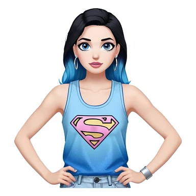 Tall-Large upper body-very excited-very-beautiful-face-white ripped cargo pants-light-pink-lips-very long-very-straight-dark-blue-ombre-hair-and-blue-eyes-thick-black-eyeliner-thick-long-eyelashes-sky-blue-superman-tank-top-with-glitter-and-silver-hoop-earrings sticker