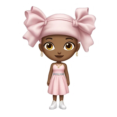 A beautiful fair-skinned girl wearing a cute pastel pink dress, a ribbon on her head, white Jordan shoes, Dior-branded gloves, a large gold necklace, and big silver earrings. sticker