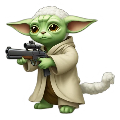 a yoda cat shooting a sheep with his gun sticker