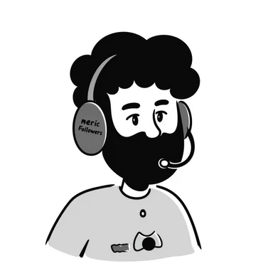 A person with black hair, brown eyes, black beard wearing a gaming headset "merci Followers" sticker