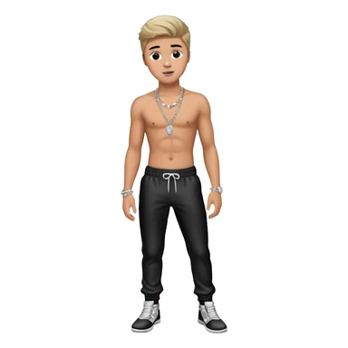 Justin Bieber with metallic black pants, shirtless with necklace sticker