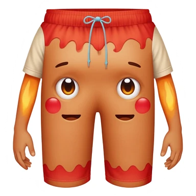 Emoji-style person in beach shorts, skin visibly sunburned and red on arms, legs, and face Expression shows mild pain or discomfort, cute rounded emoji desig sticker