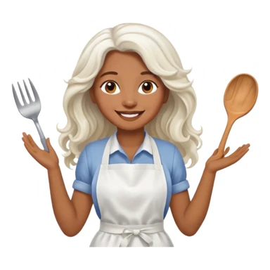 woman, brown skin, white long wavy hair, with apron sticker