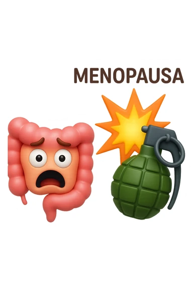 EMOJI STILE IPHONE 3D DI INTESTINO 3D CON ESPRESSIONE SPAVENTATA IN VOLTO MENTRE ACCANTO A LUI SCOPPIA UNA GRANATA 3D CON LA SCRITTA "MENOPAUSA" SOPRA, FAGLI ANCHE LA PARTE BIANCA DEGLI OCCHI, NON SOLO LA PUPILLA sticker