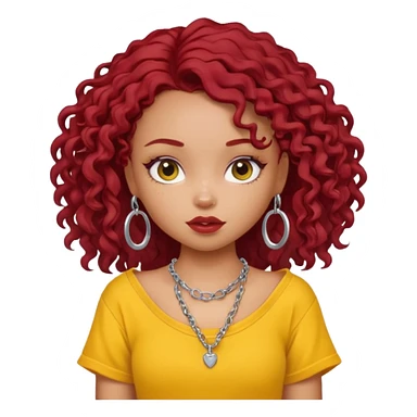 generate a pretty bratz girl with an oversized yellow tshirt falling off her shoulders, wearing a silver dainty necklace, curly dark red hair sticker
