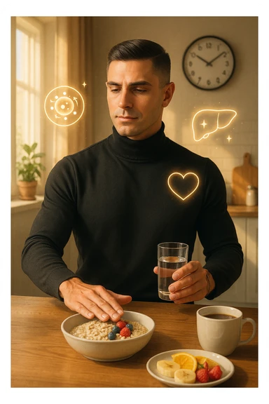 A realistic, cinematic illustration of a man in his early 30s with a fit, healthy appearance, standing in a bright kitchen in the morning. The kitchen table has a prepared but untouched healthy breakfast (oatmeal, fruit, coffee) on it, while the man, with a calm and focused expression, gently pushes the plate away with one hand while holding a glass of water in the other. A wall clock in the background shows 8:00 AM, indicating the morning fasting window, while sunlight streams in, illuminating the scene. Subtle glowing icons of a regenerating cell, a clean liver, and a heart float softly around him, symbolizing the health benefits of intermittent fasting. The atmosphere is clean, minimal, and motivating, showing that the man chooses intermittent fasting consciously for health, clarity, and energy rather than weight loss alone. The color palette is warm, with natural light and a slight film grain for depth sticker