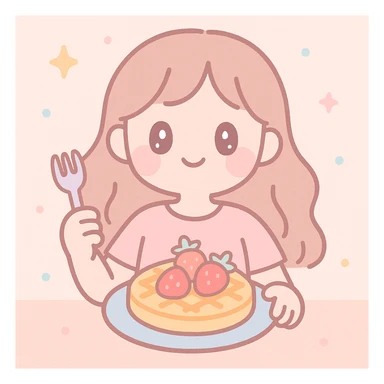 mujer disfrutando wafles con frutilla, estilo soft girl, colores pastel, ambiente suave y acogedor sticker