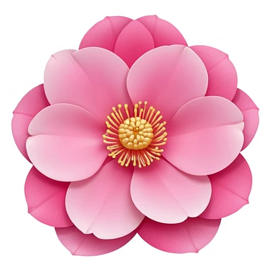 camellia flower, flat design, 5 layered pink petals with soft gradient, golden stamen in center, minimal outline, clean circular shape, pastel colors sticker
