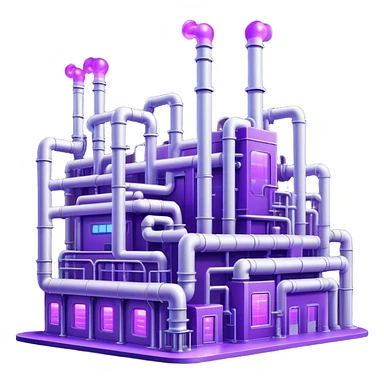 AI-powered factory. It should be a building with pipes. Add violet glowing symbolizing power of AI sticker