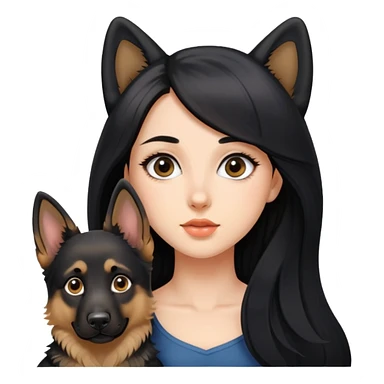 A beautiful girl with big eyes, fair skin, long black hair, and a German Shepherd dog sticker