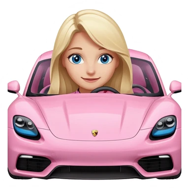 Blonde girl with blue eyes sitting infront of a pink porsche taycan sticker