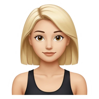 athletic young woman with shiny straight blonde hair center part light skin large brown eyes defined brows subtle winged eyeliner full nude lips confident friendly smile wearing simple black sleeveless athletic top smooth polished cartoon-like sticker