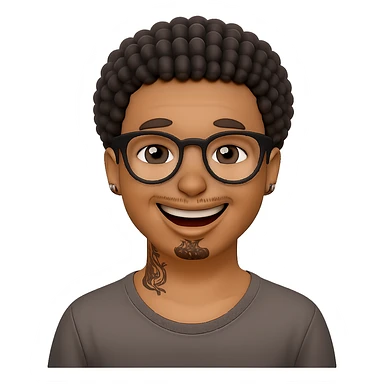 Make this character smile, keeping the same style, glasses, and tattoos. The background should be transparent. Maintain the original artistic style and details as much as possible. sticker