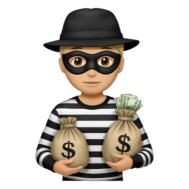 Crea un ladrón con un sombrero de delincuente y un saco de dinero, el ladrón tiene una camisa de rayas negras y blancas y el rostro un antifaz color negro. sticker