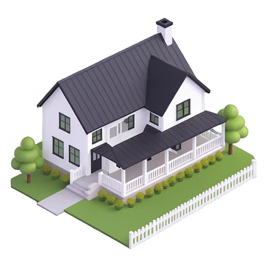 modern farmhouse with white siding, black roof and black trim, isometric sticker