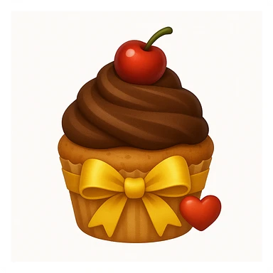 Add a gold ribbon and a tiny heart-shaped candy to the cupcake with brown (chocolate) frosting and a cherry on top in emoji style. sticker