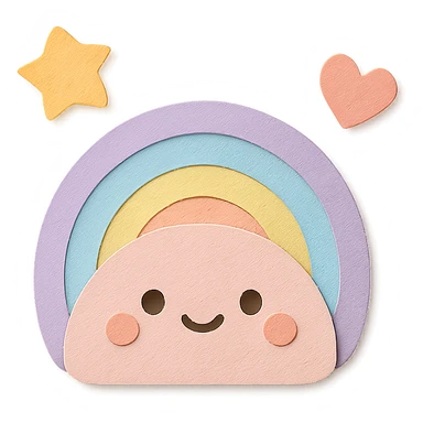 adorable pastel tiny rainbow, floating star and heart, no arms or legs, transparent background, full body, kawaii paper craft style sticker