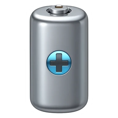 A battery emoji made of silver chrome, smooth rounded shape, minimal futuristic design, glossy metallic finish, soft reflections, iOS emoji style, centered on clean white background sticker