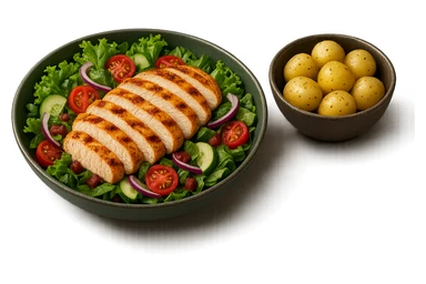 insalate con petto di pollo grigliato e bowl di patate cotte poggiate per terra, iperrealistico 4k sticker