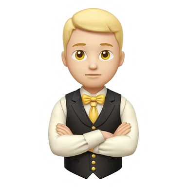 3d yellow emoji character with crossed arms and determined loving expression, wearing victorian waistcoat, shiny early 2000s 3d render, plain white background sticker