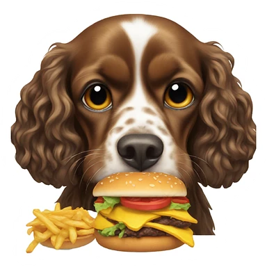 Black cocker spaniel eating a cheeseburger sticker