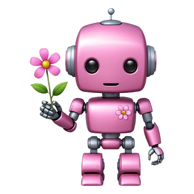 pink cute robot, holding a tiny flower sticker