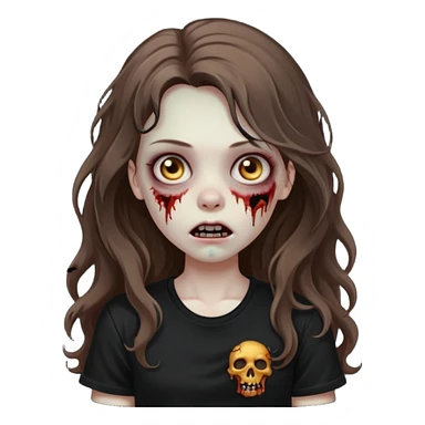 crie um emoji de uma garota zoombie cabelo castanho e longo , assustadora e fofa com cabelo ondulado 2b e camiseta básica preta sticker