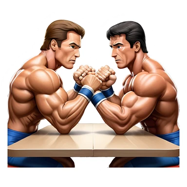 Arnold Schwarzenegger and Sylvester Stallone from 'Over the Top,' locked in an arm wrestling battle, using only their right hands. Their left hands rest on the table. Both display immense strength, with muscular arms flexing, under bright competition lights. Transparent background. sticker